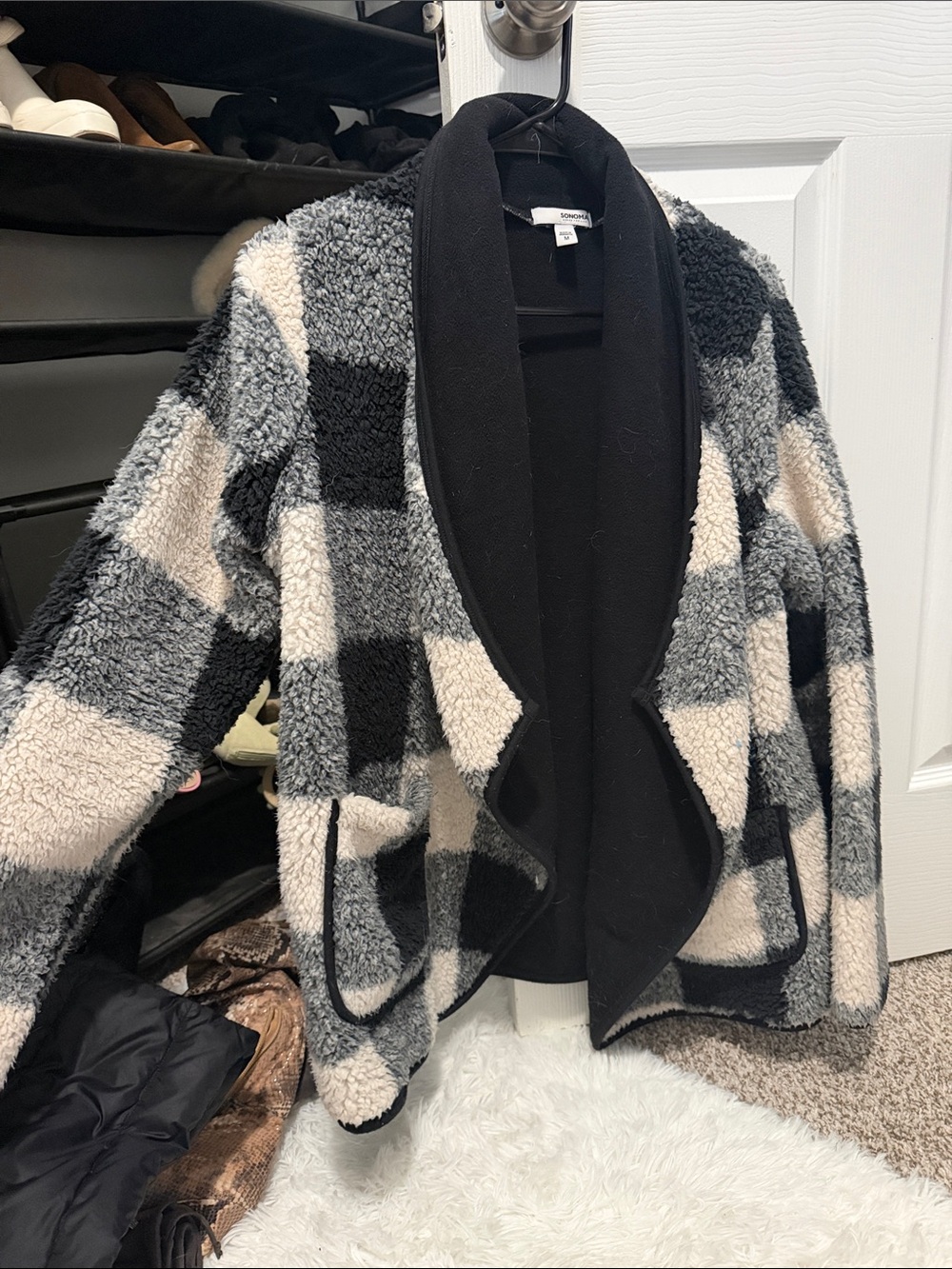 Sonoma Black, Cream & Gray Plaid Sherpa Cardigan